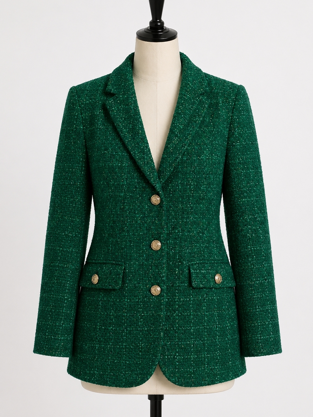 Zara Emerald Green Tweed Blazer With Gold Buttons